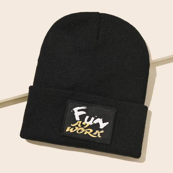 

Letter Patched Cuffed Beanie, Black