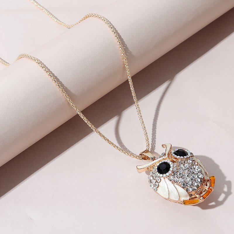 

Rhinestone Owl Charm Necklace, White