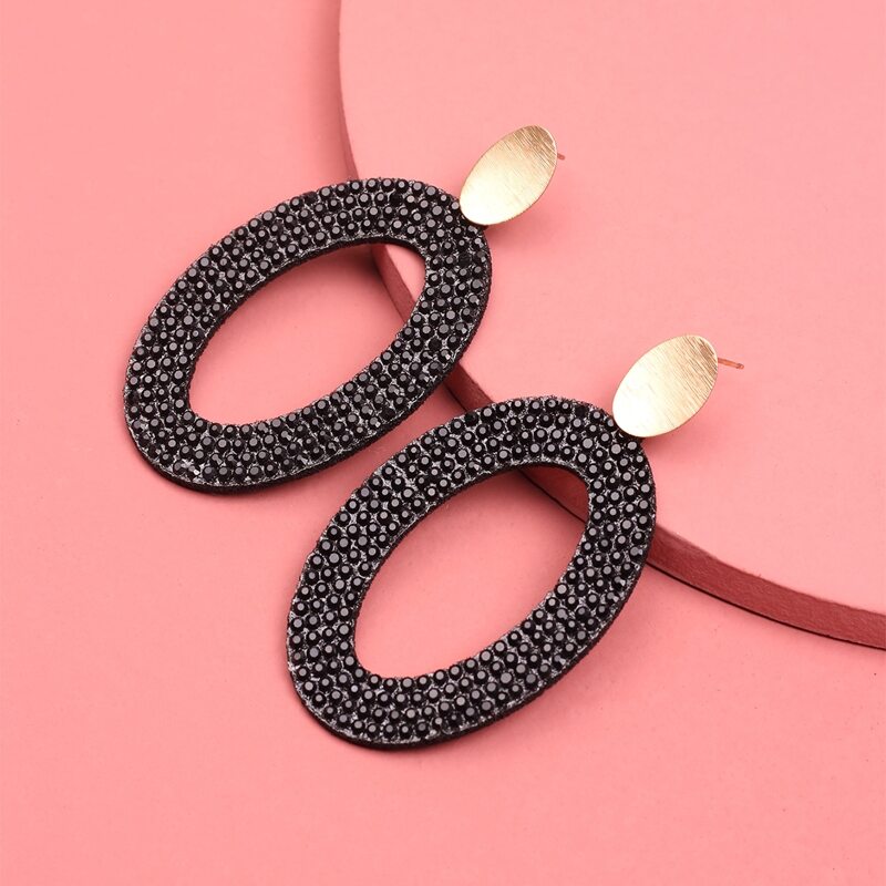 

1pair Rhinestone Decor Oval Drop Earrings, Black