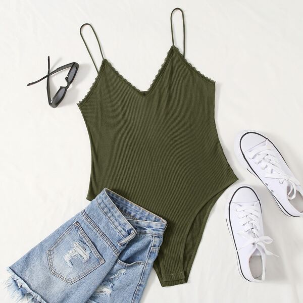 

Plus Lace Detail Rib-knit Slip Bodysuit, Army green