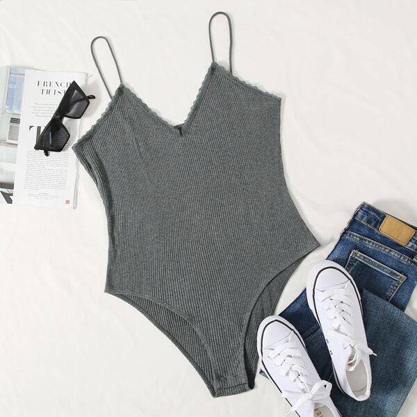 

Plus Lace Detail Rib-knit Slip Bodysuit, Grey