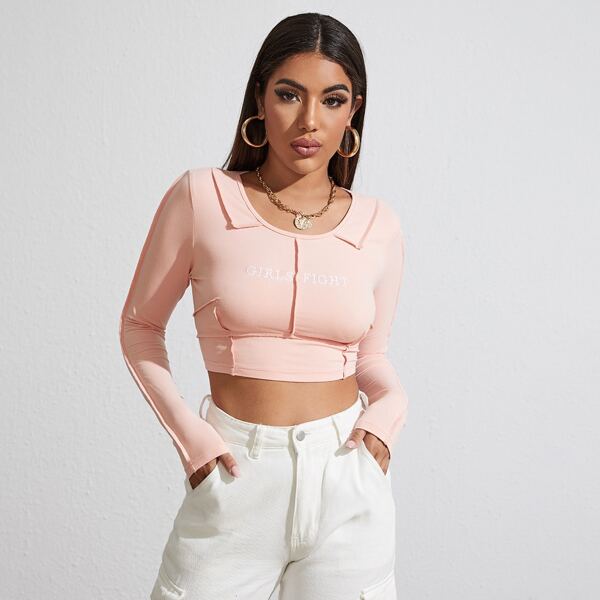 

Letter Embroidered Seam Front Crop Tee, Pastel baby pink