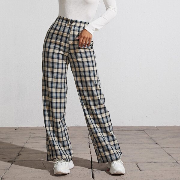 

Button Waist Tartan Wide Leg Pants, Multicolor