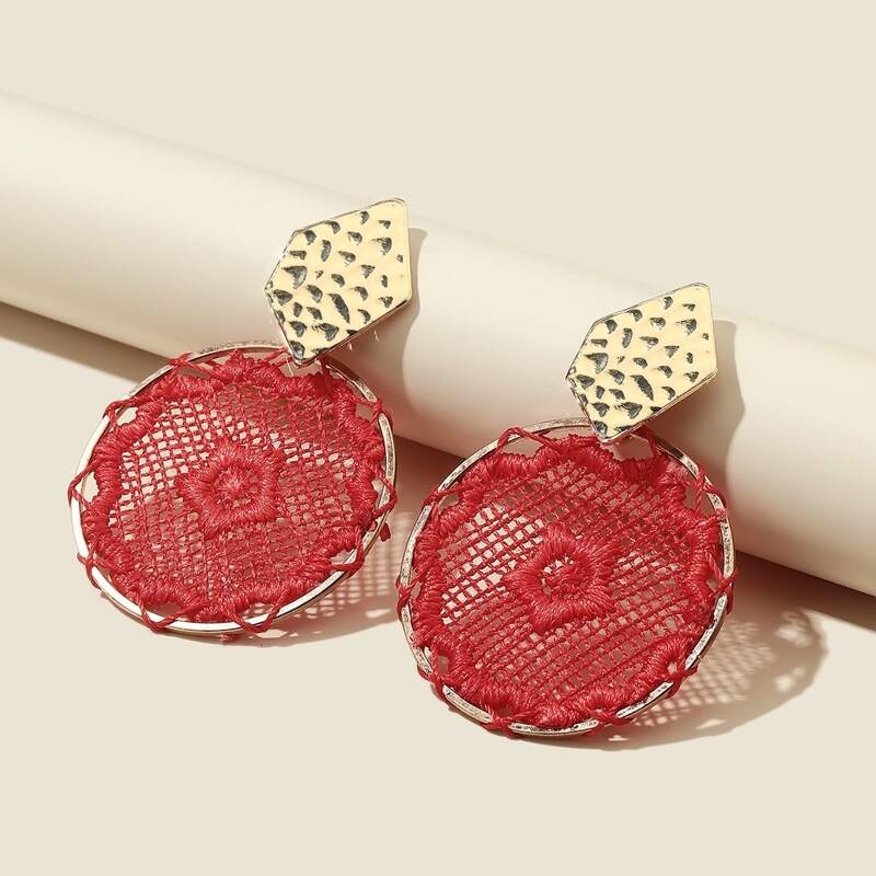 

Hollow Out Round Charm Drop Earrings, Red
