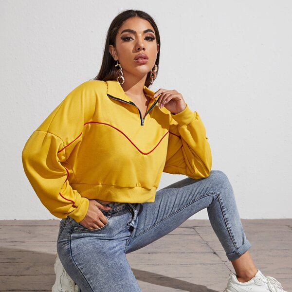 

Half Zip Drop Shoulder Contrast Binding Sweatshirt, Mustard yellow