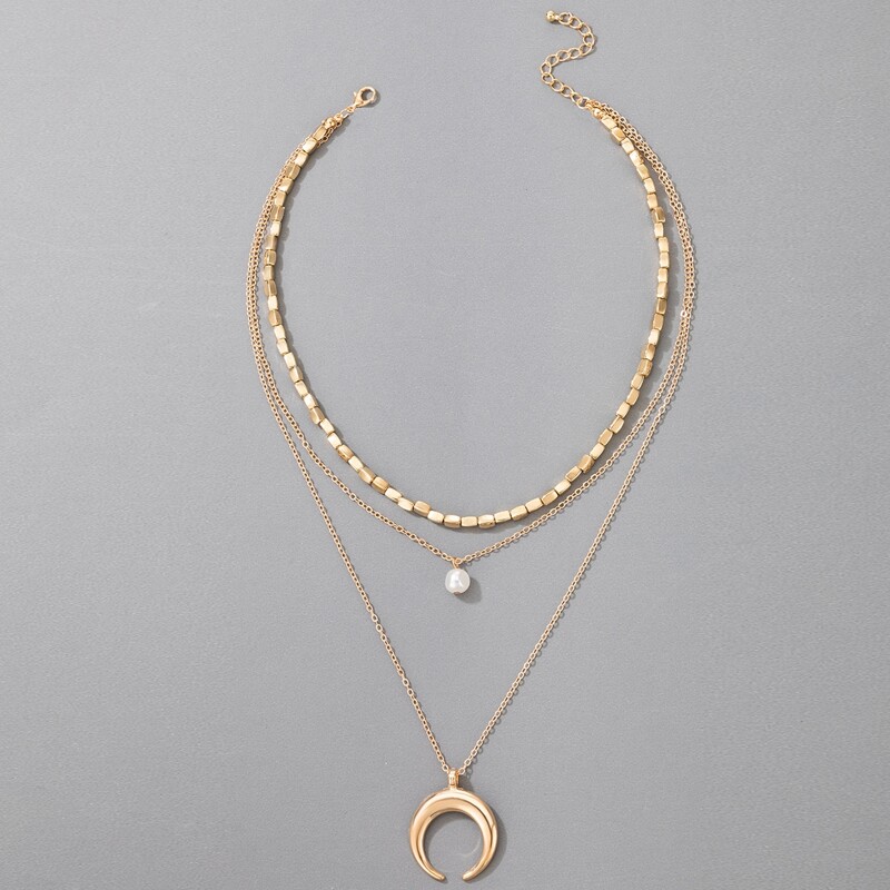

Faux Pearl & Moon Decor Layered Necklace, Gold