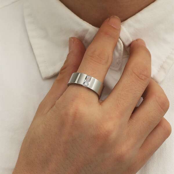 

Men Rhinestone Decor Ring, Silver