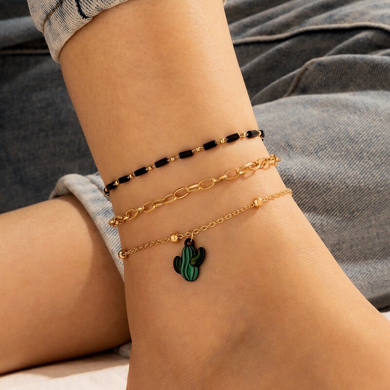 

3pcs Cactus Decor Chain Anklet, Gold