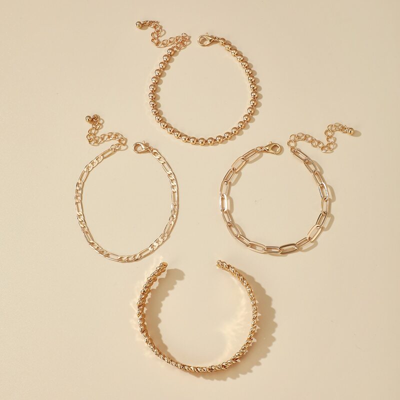 

4pcs Simple Bangle & Chain Bracelet, Gold