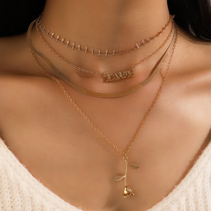 

Rose & Letter Design Layered Necklace, Gold