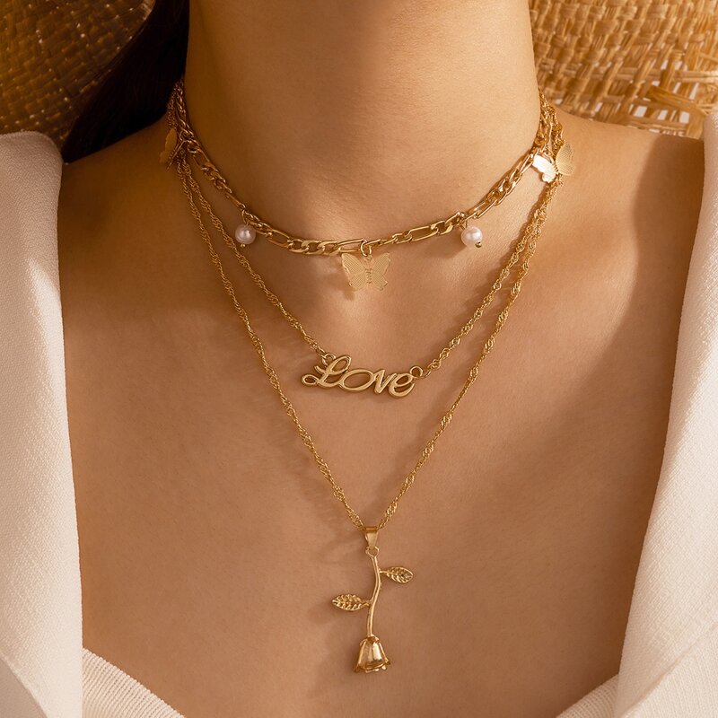 

Rose & Butterfly Pendant Layered Necklace, Gold