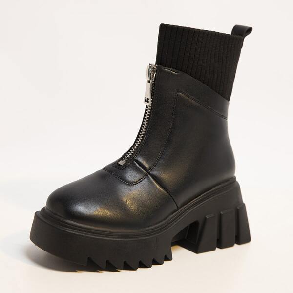 

Front Zipper Decor Combat Boots, Black