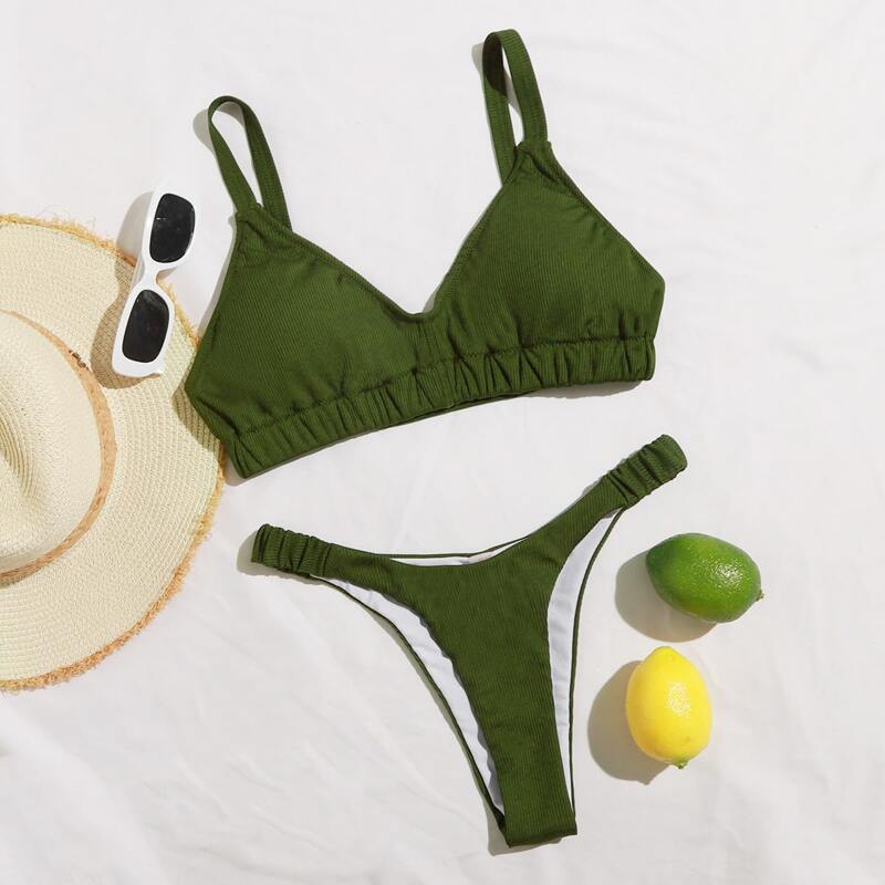 

Elastic Hem High Leg Bikini Swimsuit, Army green