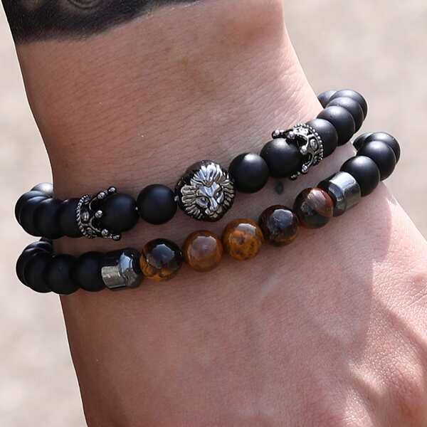 

2pcs Men Animal Decor Beaded Bracelet, Black