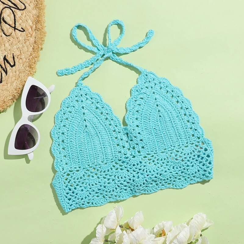 

Crochet Halter Bikini Top, Blue neon