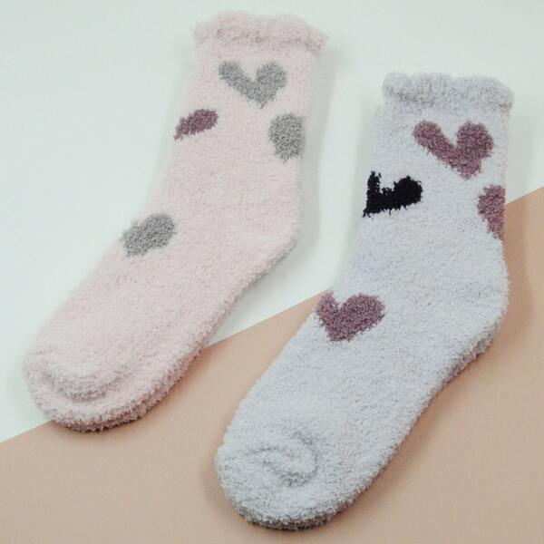 

2pairs Heart Pattern Fluffy Socks, Multicolor