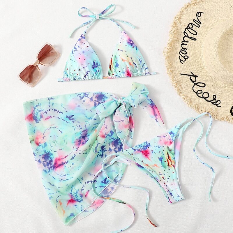 

3pack Rhinestone Decor Tie Dye Bikini Swimsuit, Multicolor
