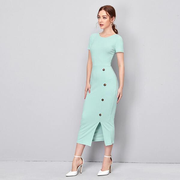 

Single Breasted Split Hem Rib-knit Pencil Dress, Mint green