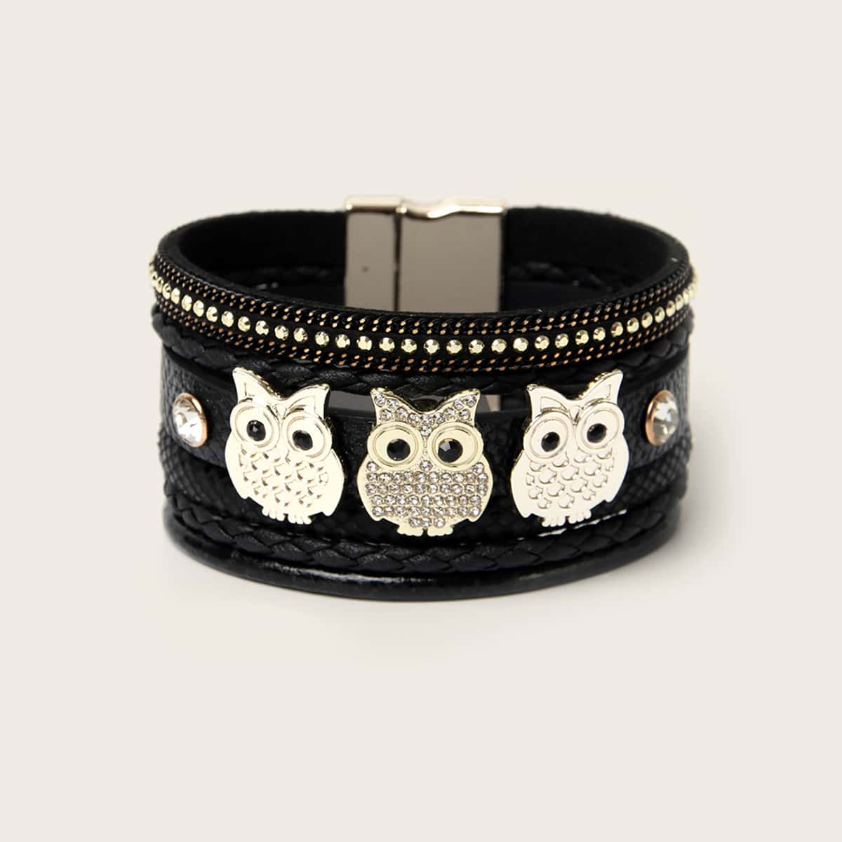 

Rhinestone Owl Decor Bracelet, Black