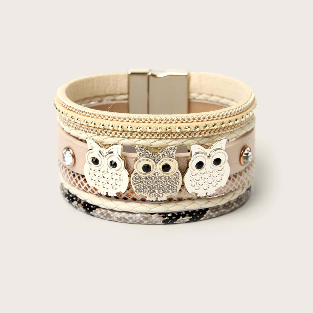 

Rhinestone Owl Decor Bracelet, Beige