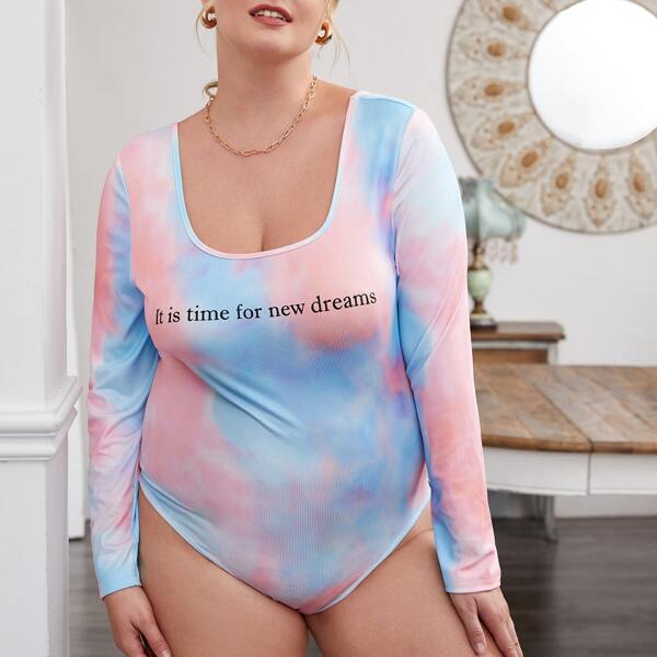 

Plus Tie Dye Slogan Graphic Bodysuit, Multicolor