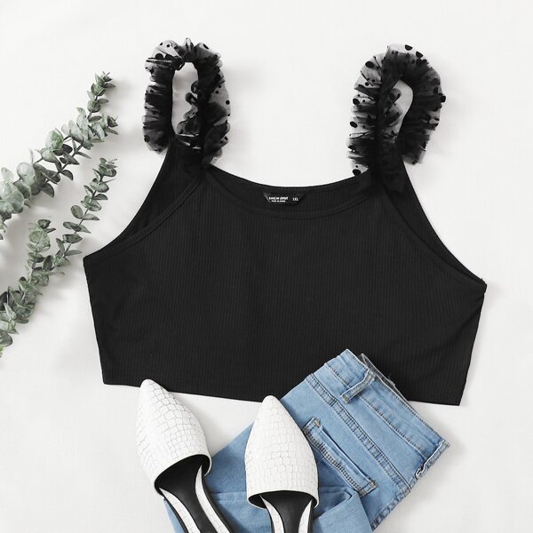 

Plus Dobby Mesh Ruffle Trim Crop Top, Black