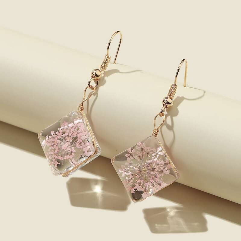 

Flower Design Geometric Drop Earrings, Pink