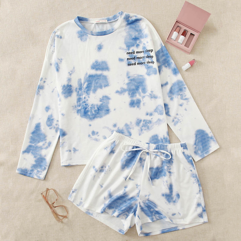 

Tie Dye & Slogan Graphic Lounge Set, Blue and white