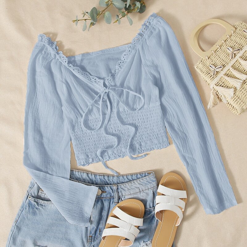 

Tie Front Shirred Crop Top, Baby blue