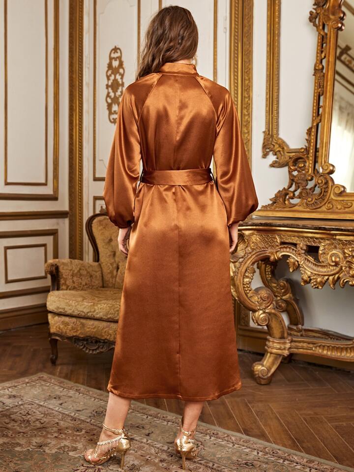 Our Mock Neck Lantern Sleeve Belted Satin Shirt Dress is such a vibe - ROMWE
