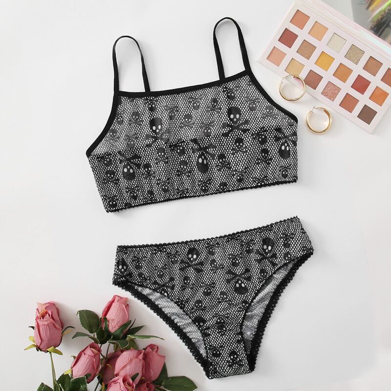 

Skull Print Mesh Lingerie Set, Black
