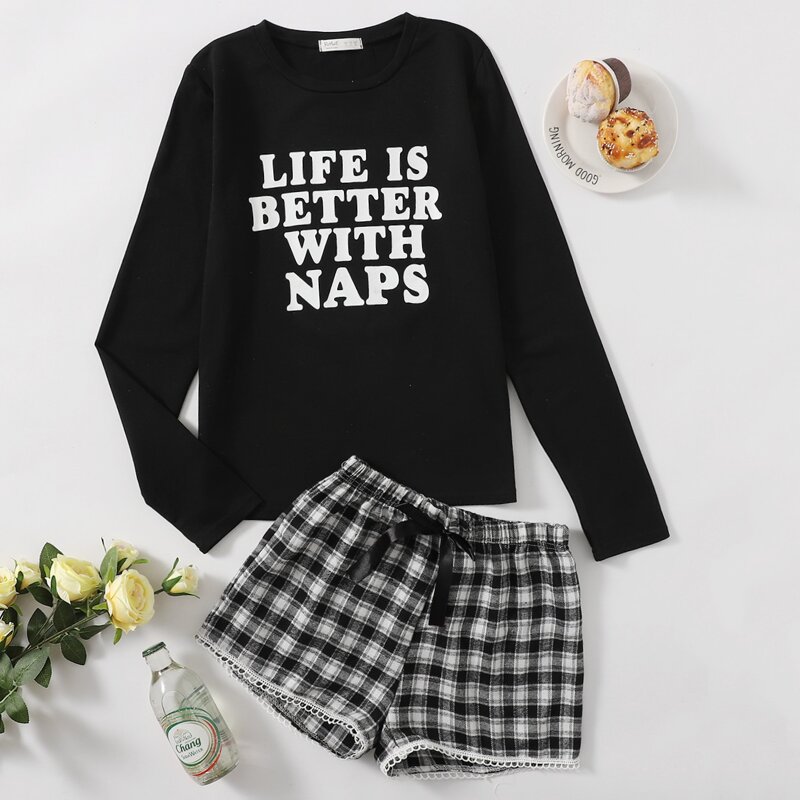 

Slogan Graphic Tee & Plaid Shorts PJ Set, Black and white