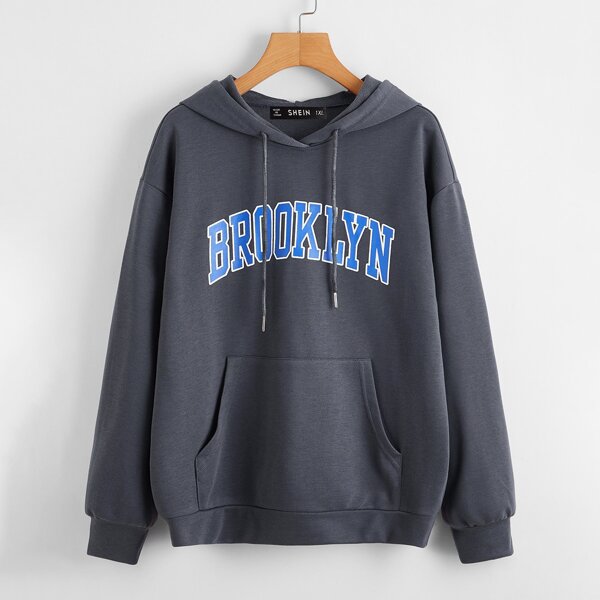 

Plus Pouch Pocket Letter Graphic Hoodie, Dark grey