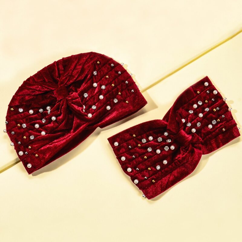 

1pc Rhinestone Decor Turban Hat & 1pc Headband, Burgundy