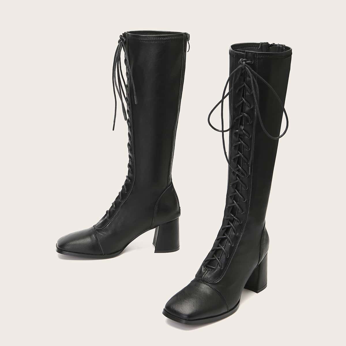 

Square Toe Chunky Heeled Boots, Black