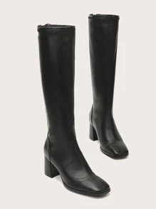 Square Toe Chunky Heeled Boots - Black - View 2