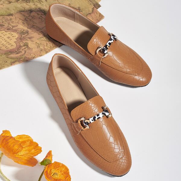 

Horsebit Decor Snakeskin Loafers, Brown