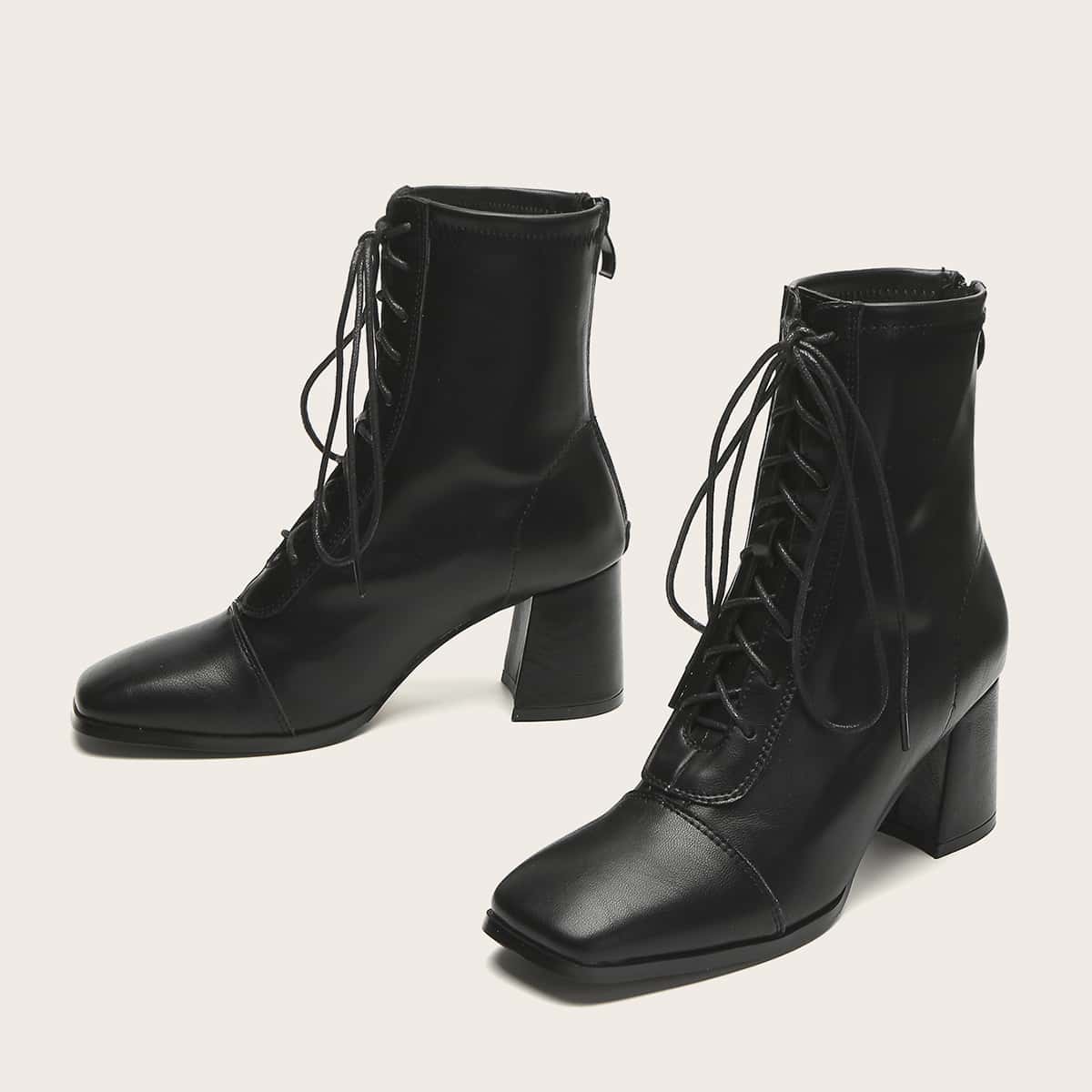 

Square Toe Lace-up Front Boots, Black