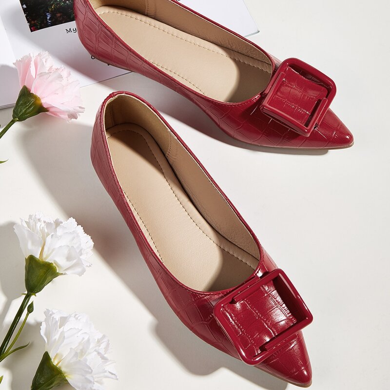 

Point Toe Croc Embossed Flats, Red