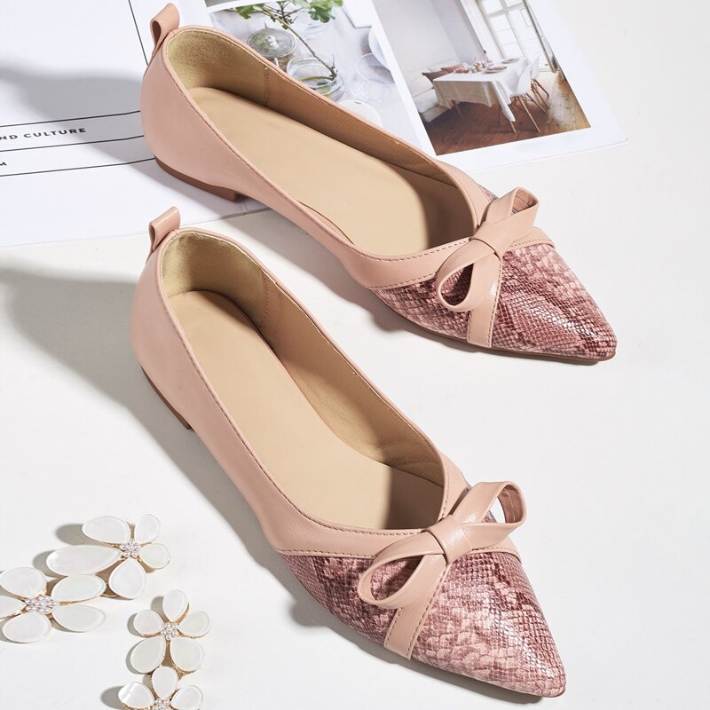 

Bow Decor Snakeskin Print Flats, Pink