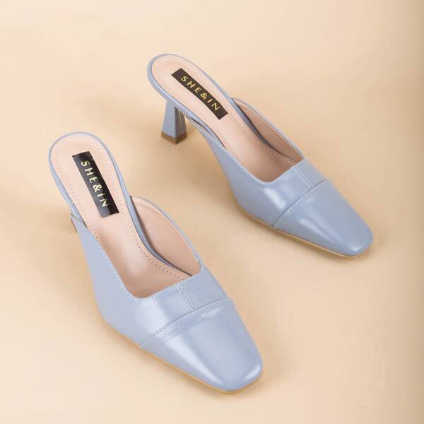 

Square Toe High Heel Mules, Blue