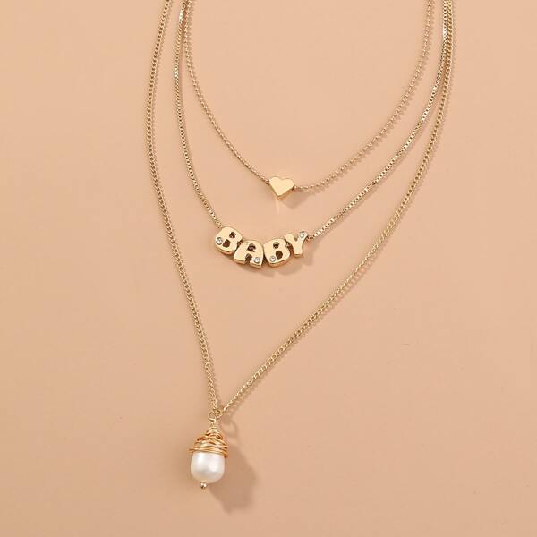 

Faux Pearl Pendant Layered Necklace, Gold
