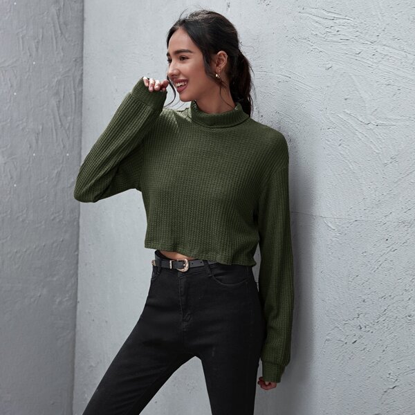 

Drop Shoulder Waffle Knit Crop Top, Army green