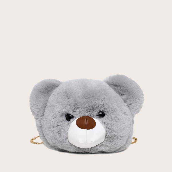 

Cartoon Bear Shaped Chain Fluffy Crossbody Bag, Grey