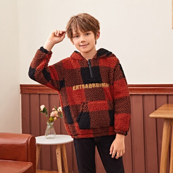 

Boys Zip Up Letter Graphic Pouch Pocket Buffalo Plaid Teddy Hoodie, Multicolor