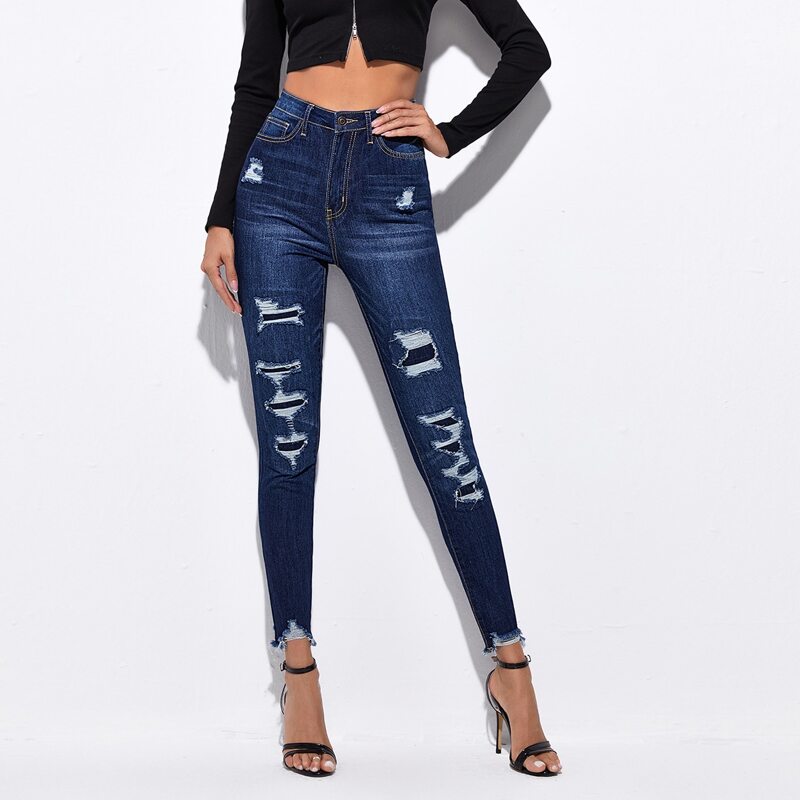 

Push Up Dark Wash Ripped Detail Raw Hem Skinny Jeans