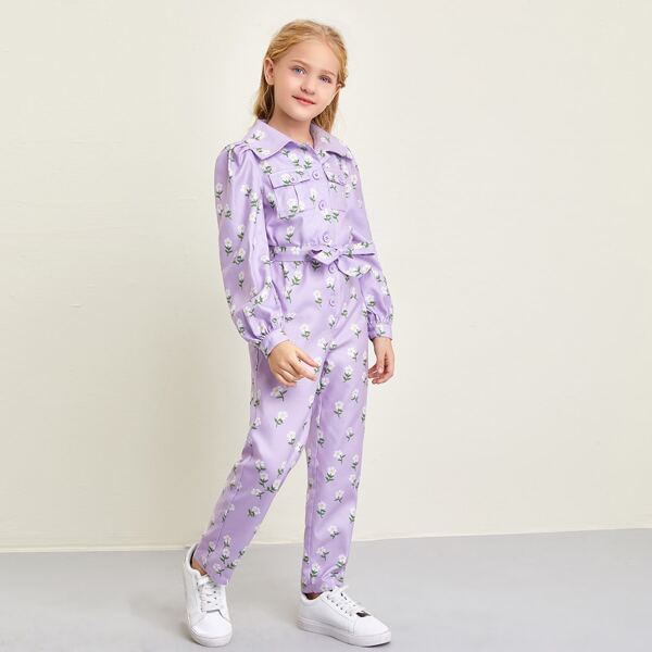 

Girls Buttoned Pocket Front Self Belted Floral Jumpsuit, Lilac purple
