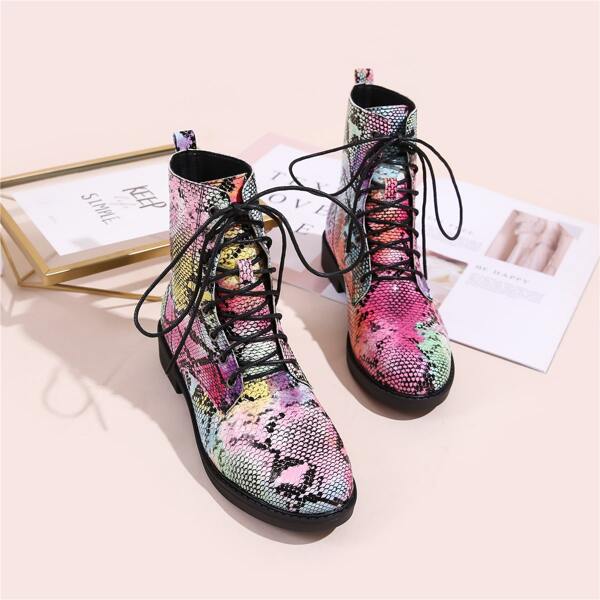 

Colorful Snakeskin Print Combat Boots, Multicolor
