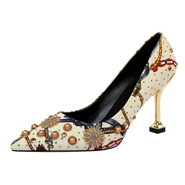

Faux Pearl Decor High Heel Pumps, Beige