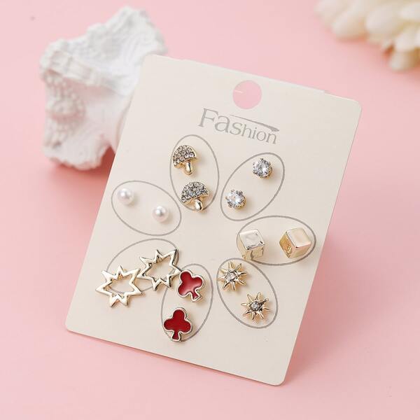 

7pairs Girls Faux Pearl & Rhinestone Decor Stud Earrings, Multicolor